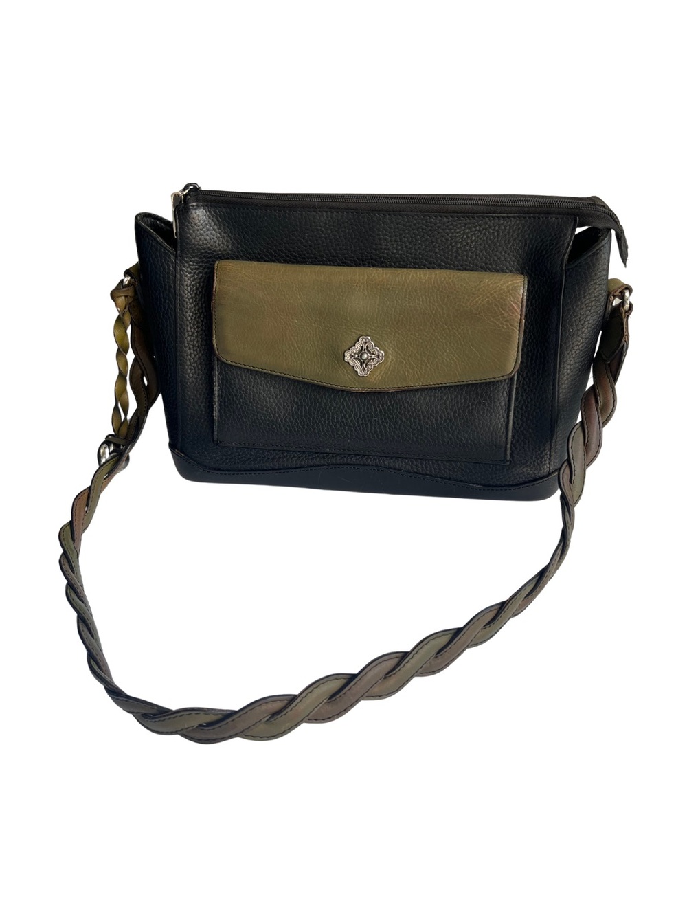 🖤 Brighton Black & Olive Leather Shoulder Bag Braided Strap Heart Charm